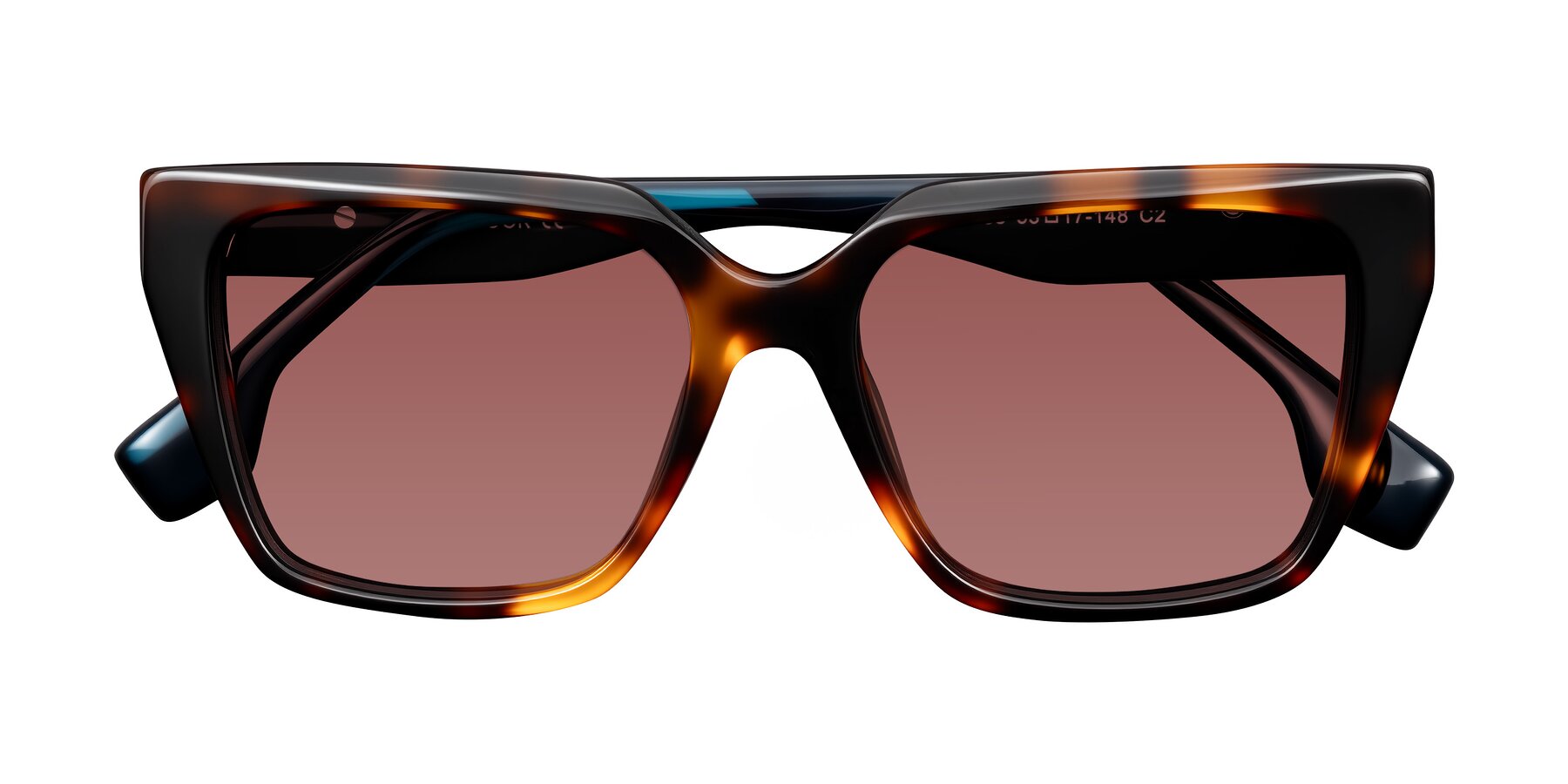 Folded Front of Gwee in Trortoise/Teal Striped with Garnet Tinted Lenses