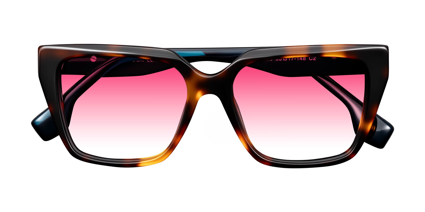 Folded Front of Gwee in Trortoise/Teal Striped with Pink Gradient Lenses