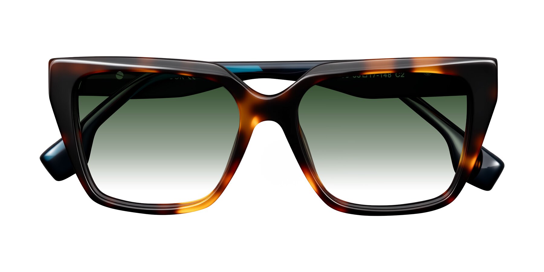 Folded Front of Gwee in Trortoise/Teal Striped with Green Gradient Lenses
