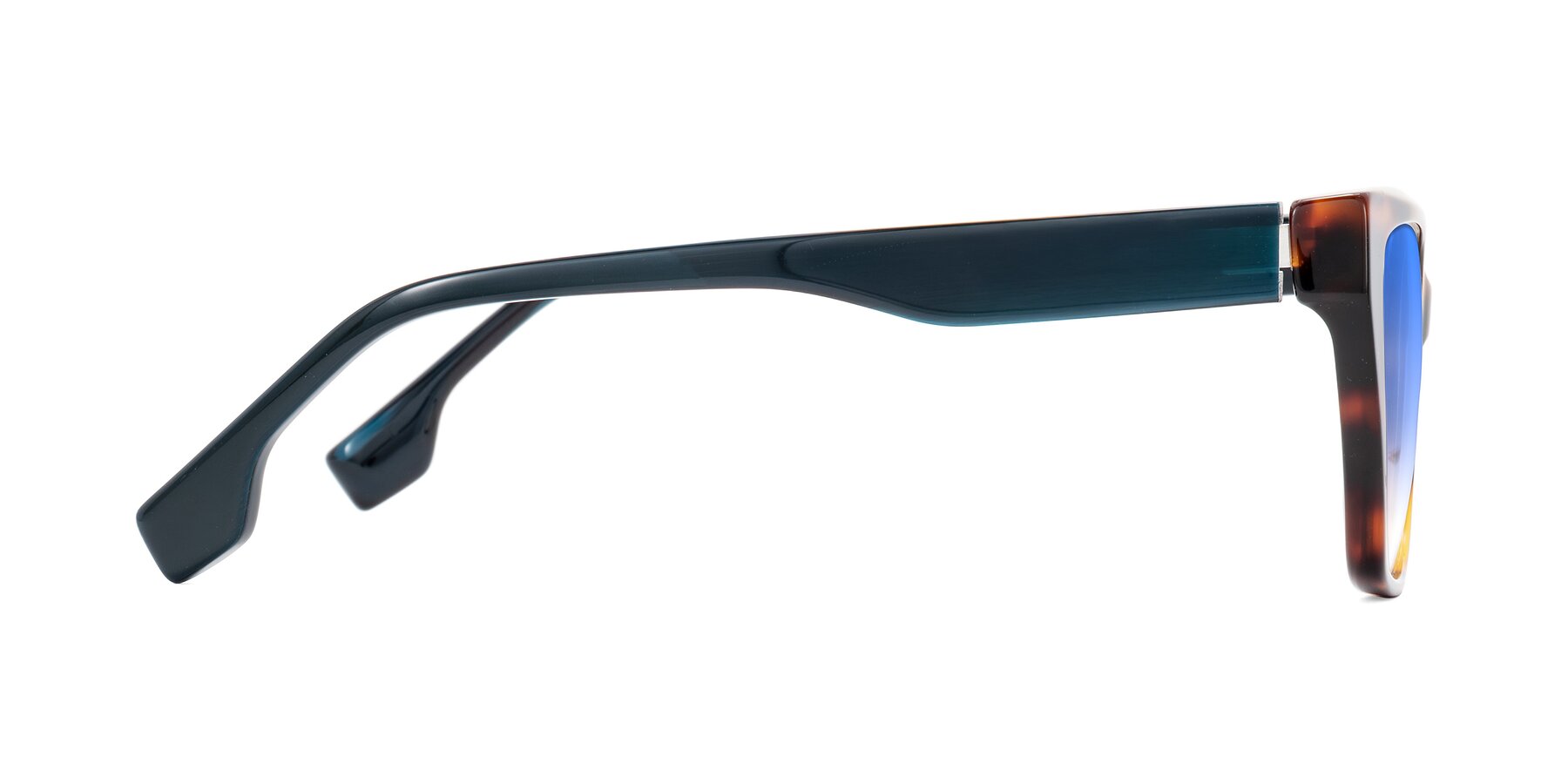 Side of Gwee in Trortoise/Teal Striped with Blue Gradient Lenses