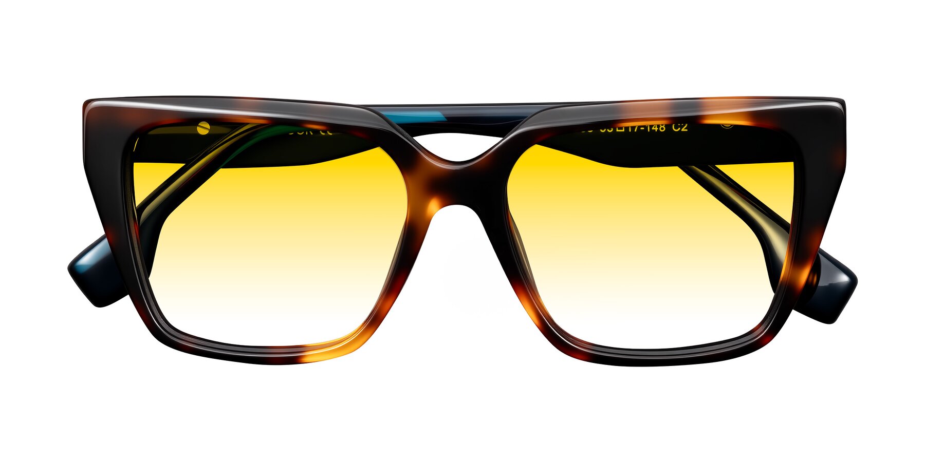 Folded Front of Gwee in Trortoise/Teal Striped with Yellow Gradient Lenses