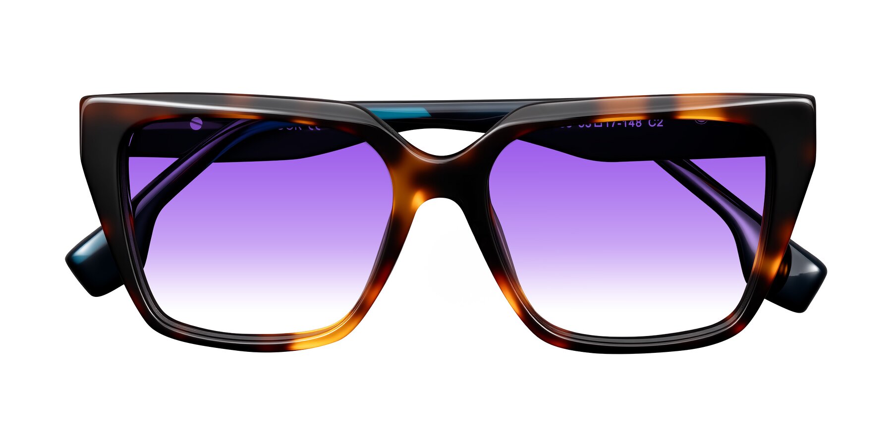 Folded Front of Gwee in Trortoise/Teal Striped with Purple Gradient Lenses