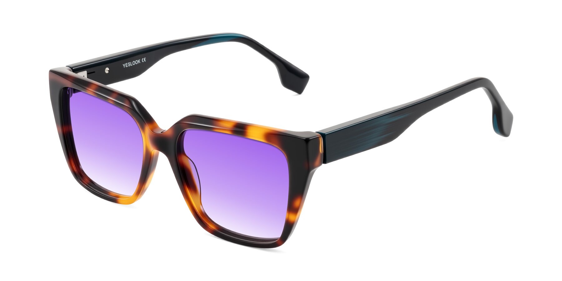 Angle of Gwee in Trortoise/Teal Striped with Purple Gradient Lenses