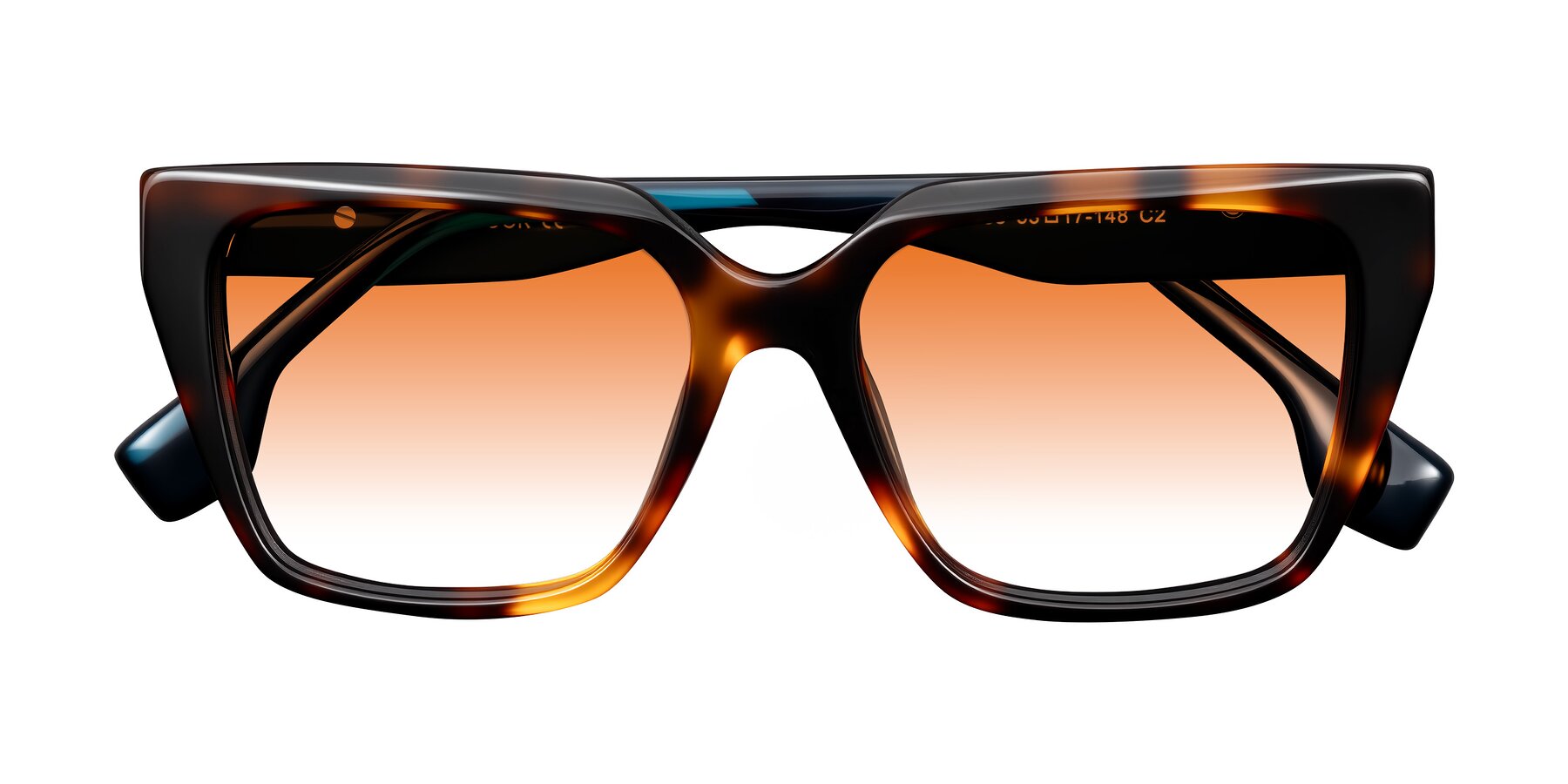 Folded Front of Gwee in Trortoise/Teal Striped with Orange Gradient Lenses