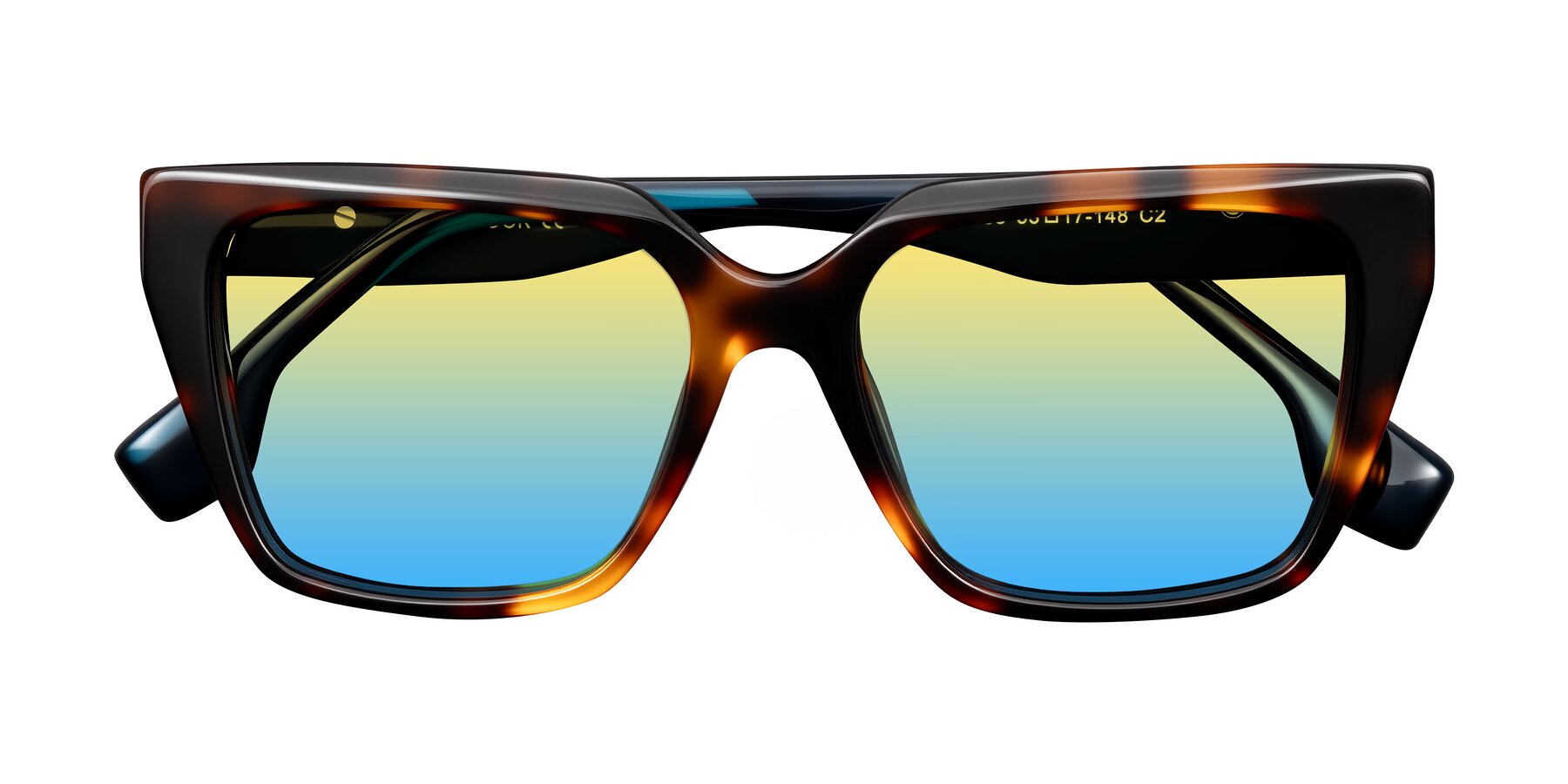 Folded Front of Gwee in Trortoise/Teal Striped with Yellow / Blue Gradient Lenses