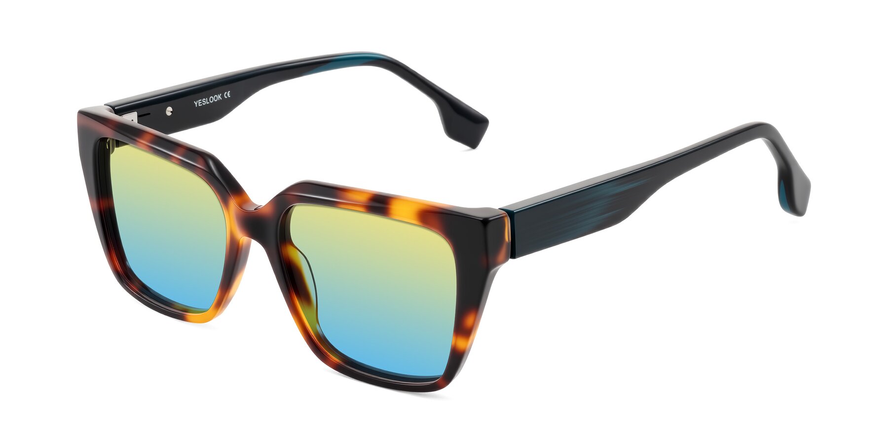 Angle of Gwee in Trortoise/Teal Striped with Yellow / Blue Gradient Lenses