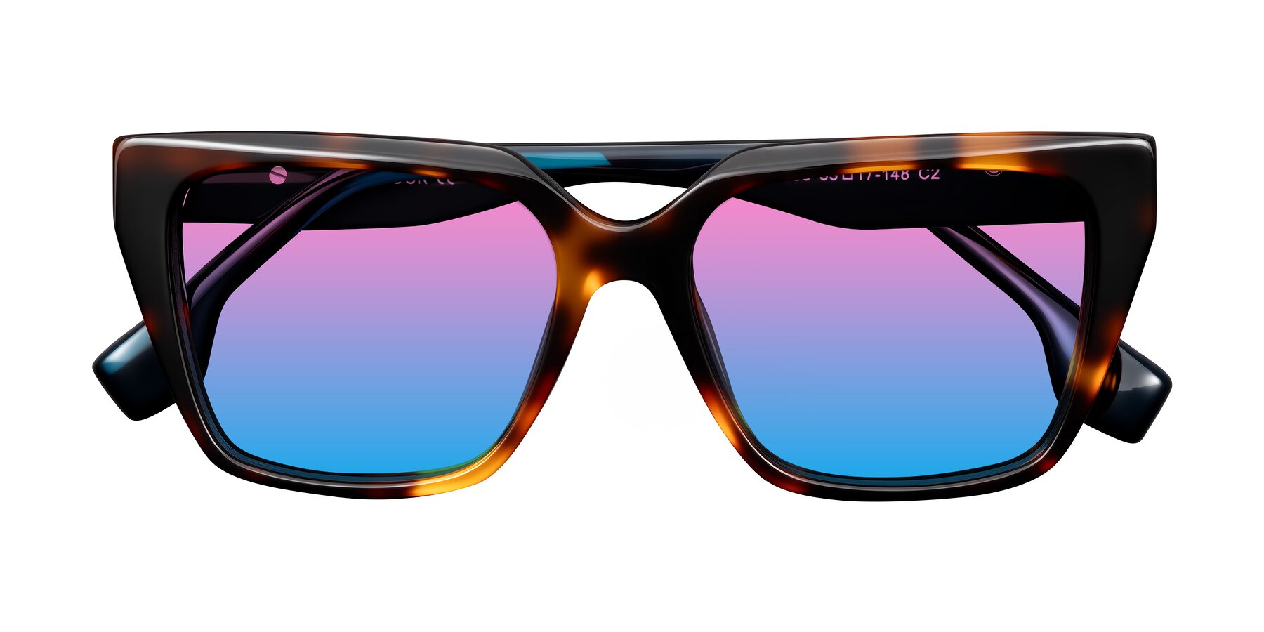 Folded Front of Gwee in Trortoise/Teal Striped with Pink / Blue Gradient Lenses