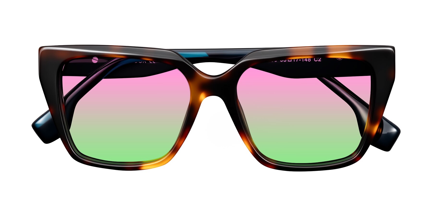 Folded Front of Gwee in Trortoise/Teal Striped with Pink / Green Gradient Lenses