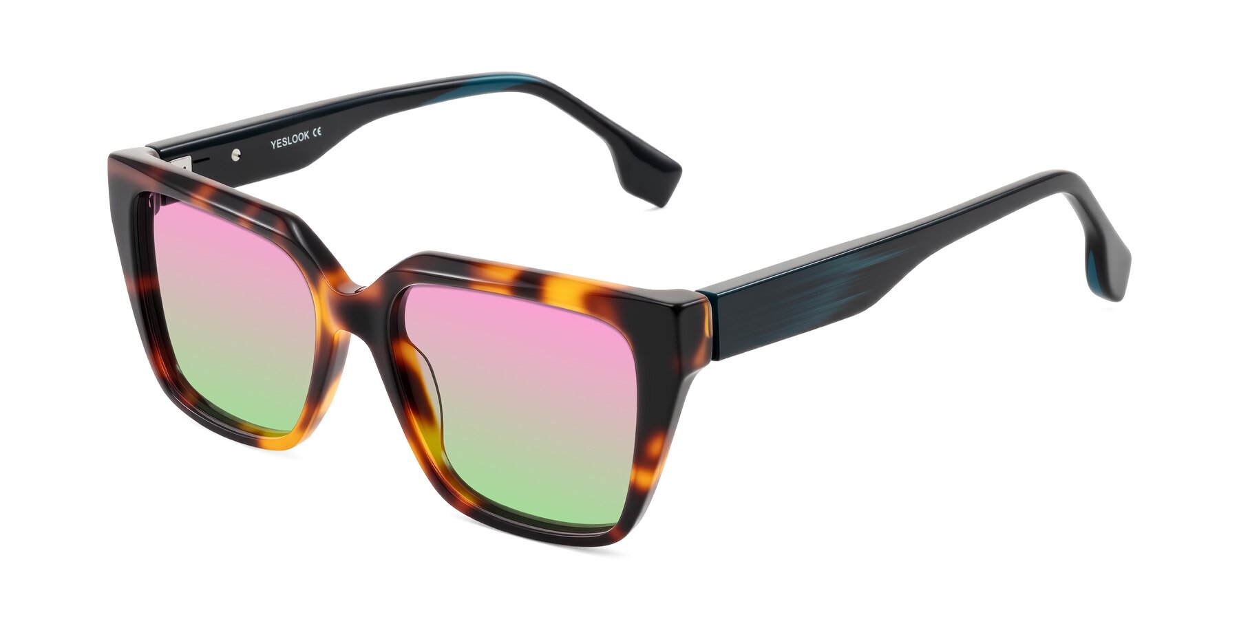 Angle of Gwee in Trortoise/Teal Striped with Pink / Green Gradient Lenses
