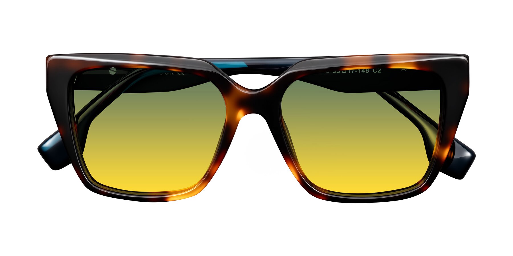 Folded Front of Gwee in Trortoise/Teal Striped with Green / Yellow Gradient Lenses