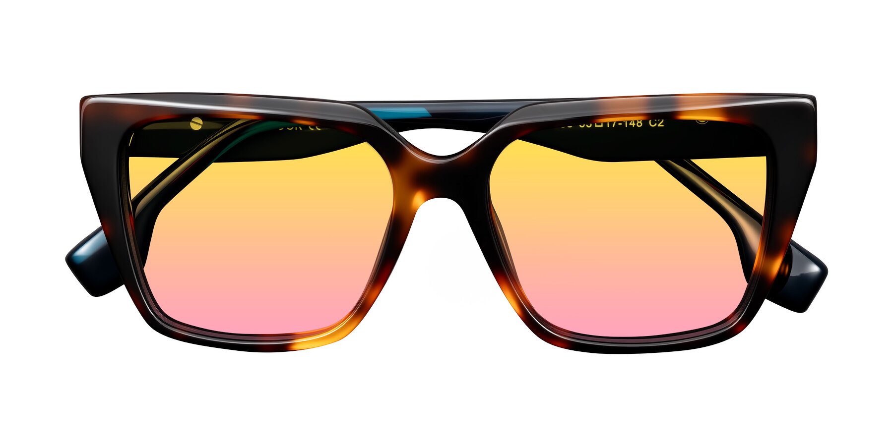 Folded Front of Gwee in Trortoise/Teal Striped with Yellow / Pink Gradient Lenses
