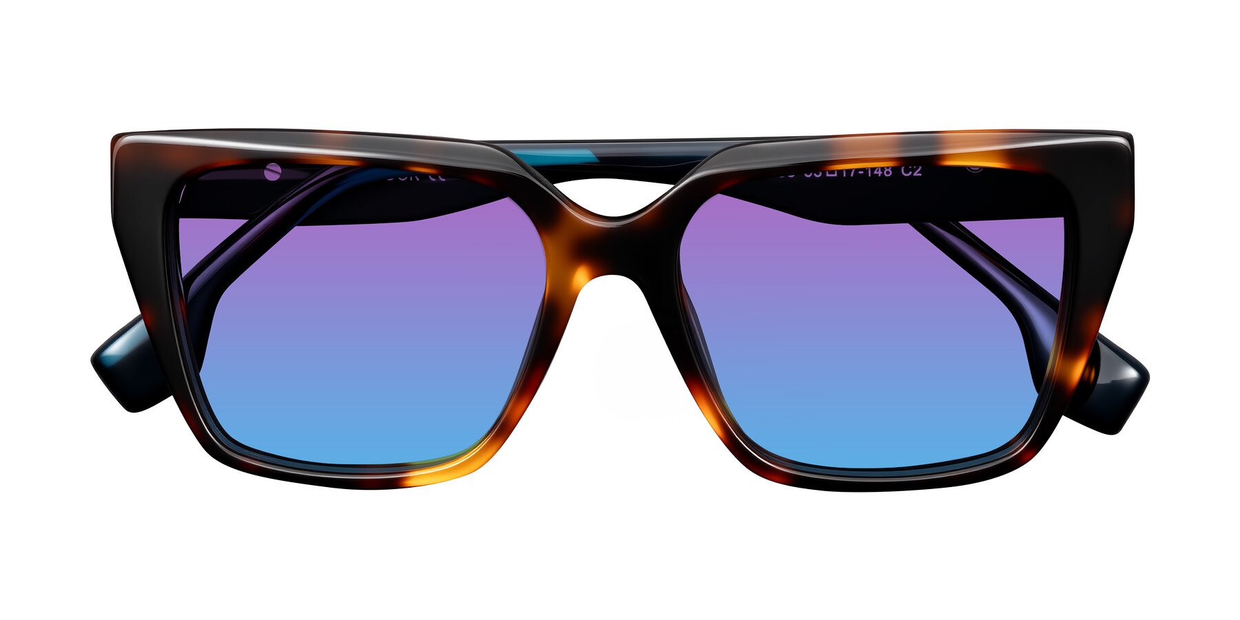 Folded Front of Gwee in Trortoise/Teal Striped with Purple / Blue Gradient Lenses