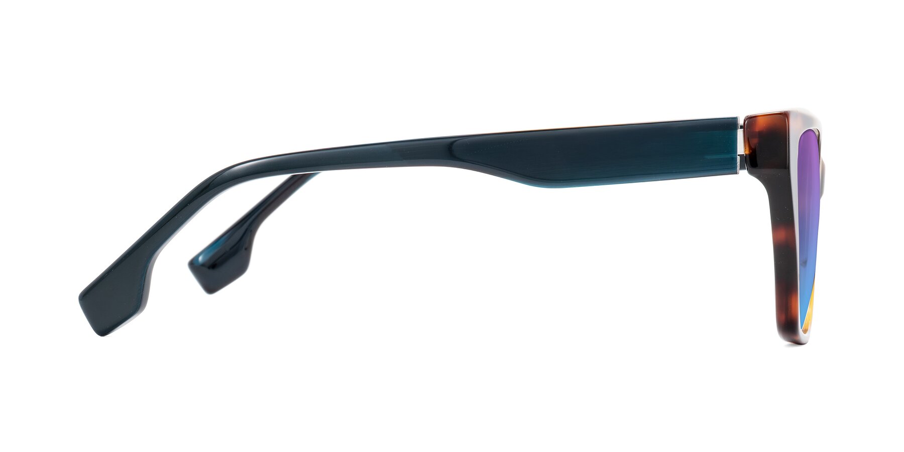 Side of Gwee in Trortoise/Teal Striped with Purple / Blue Gradient Lenses