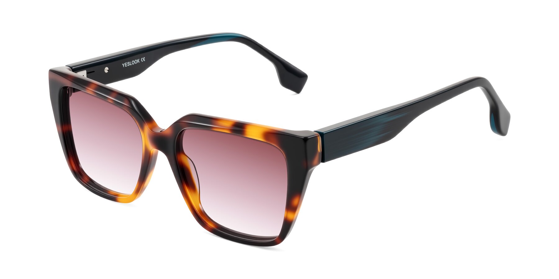 Angle of Gwee in Trortoise/Teal Striped with Garnet Gradient Lenses