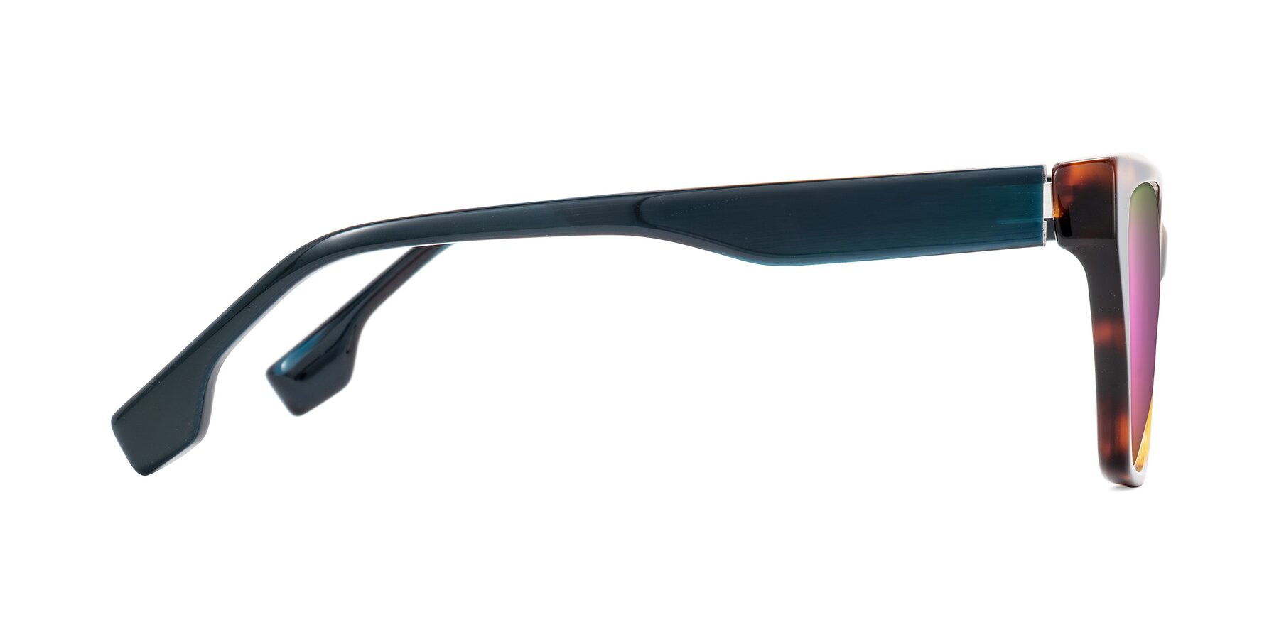 Side of Gwee in Trortoise/Teal Striped with Pink Mirrored Lenses