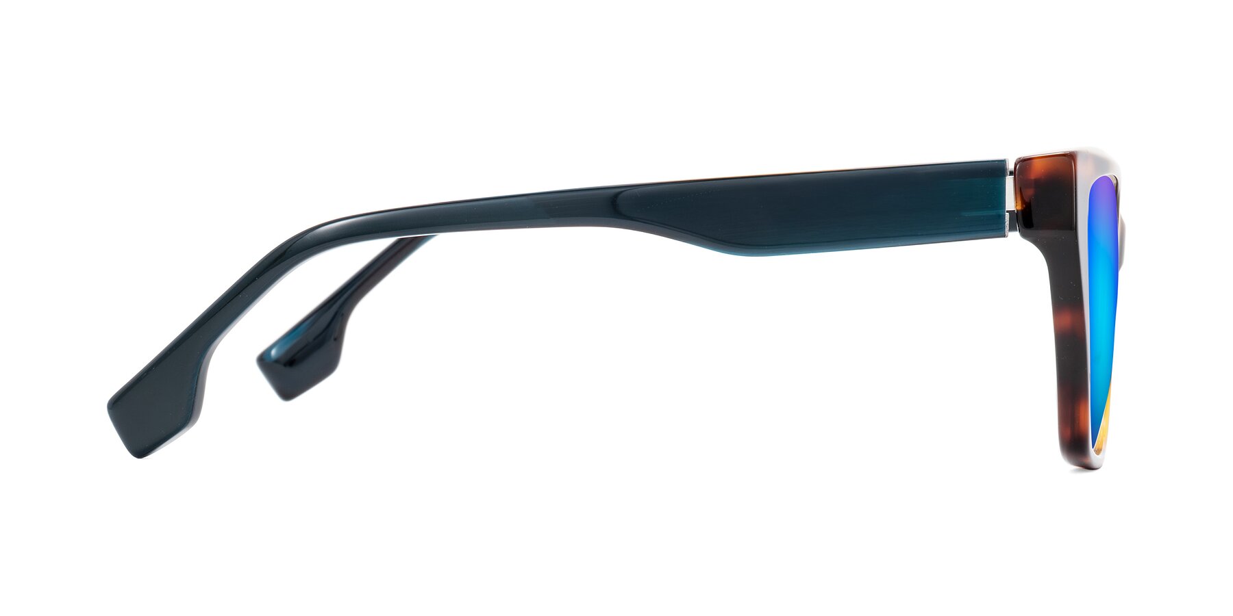 Side of Gwee in Trortoise/Teal Striped with Blue Mirrored Lenses