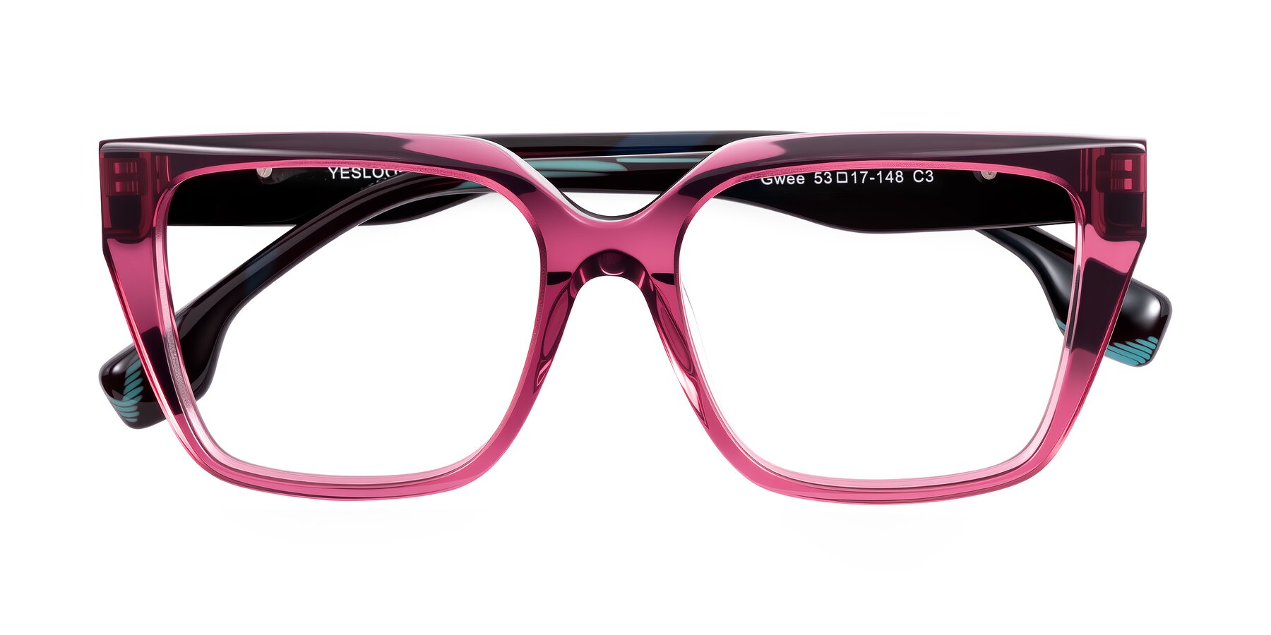 Folded Front of Gwee in Amethyst /Light Blue Striped with Clear Reading Eyeglass Lenses