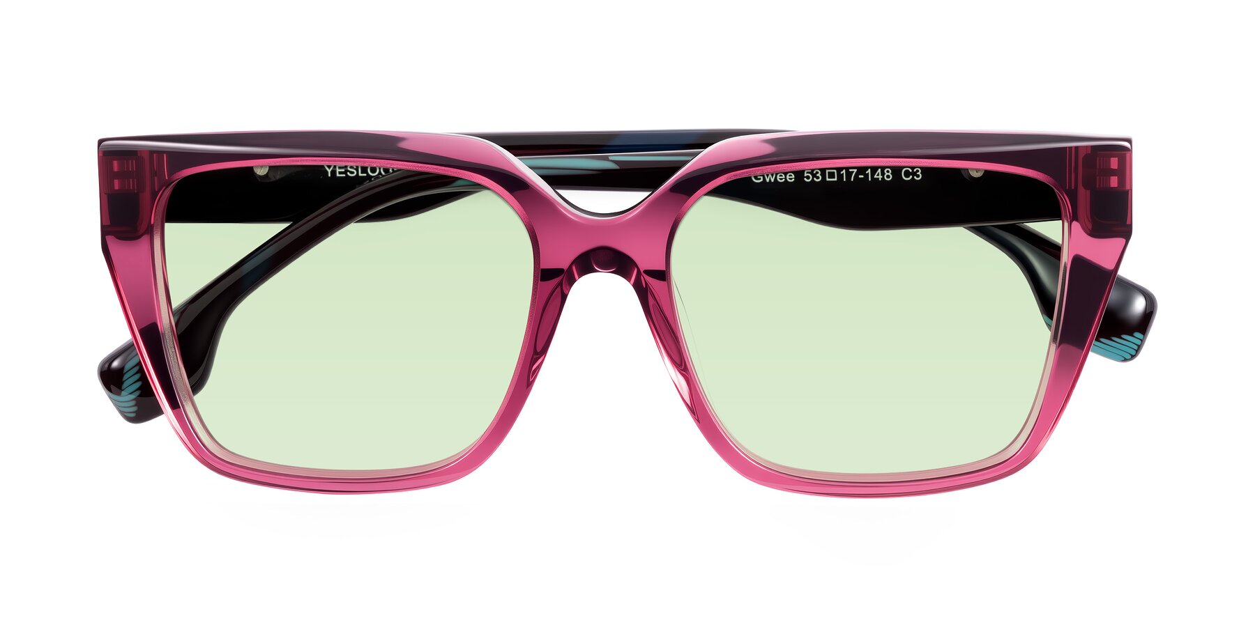 Folded Front of Gwee in Amethyst /Light Blue Striped with Light Green Tinted Lenses