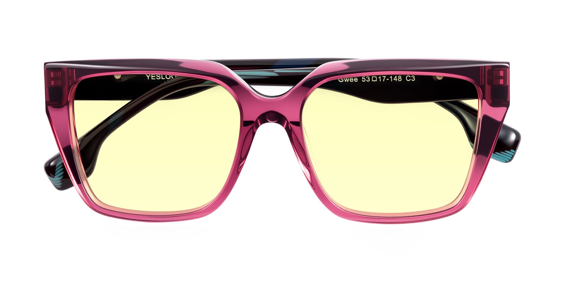 Folded Front of Gwee in Amethyst /Light Blue Striped with Light Yellow Tinted Lenses