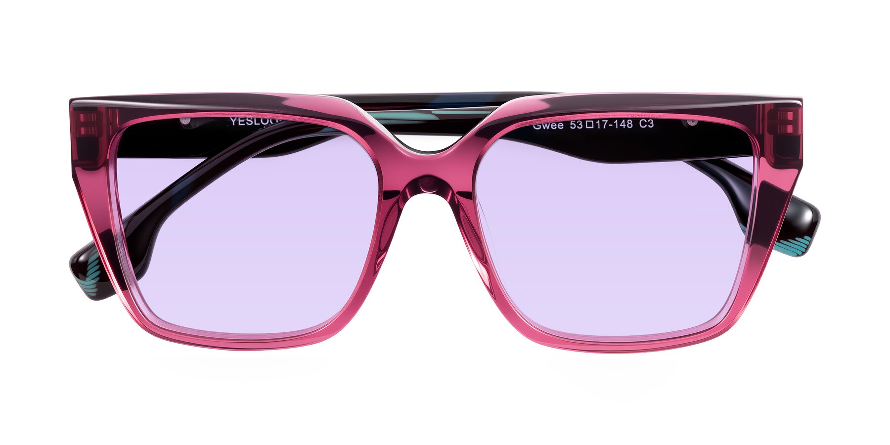 Folded Front of Gwee in Amethyst /Light Blue Striped with Light Purple Tinted Lenses