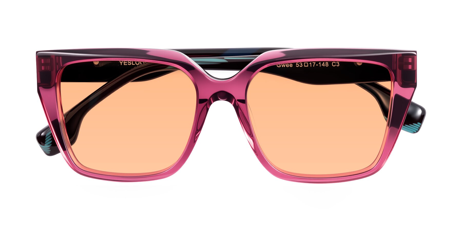 Folded Front of Gwee in Amethyst /Light Blue Striped with Light Orange Tinted Lenses