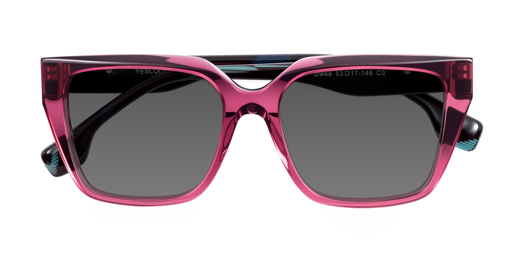 Folded Front of Gwee in Amethyst /Light Blue Striped with Medium Gray Tinted Lenses