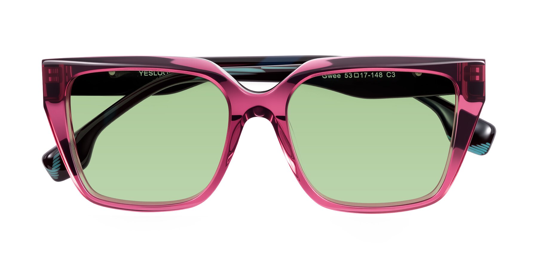 Folded Front of Gwee in Amethyst /Light Blue Striped with Medium Green Tinted Lenses