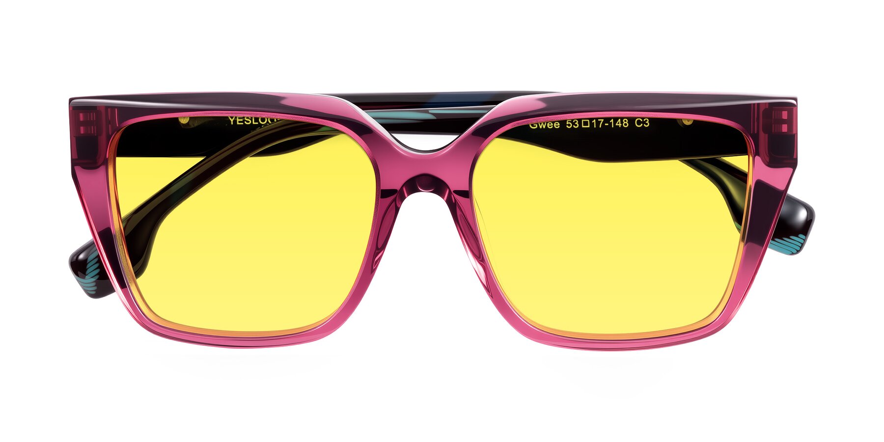 Folded Front of Gwee in Amethyst /Light Blue Striped with Medium Yellow Tinted Lenses