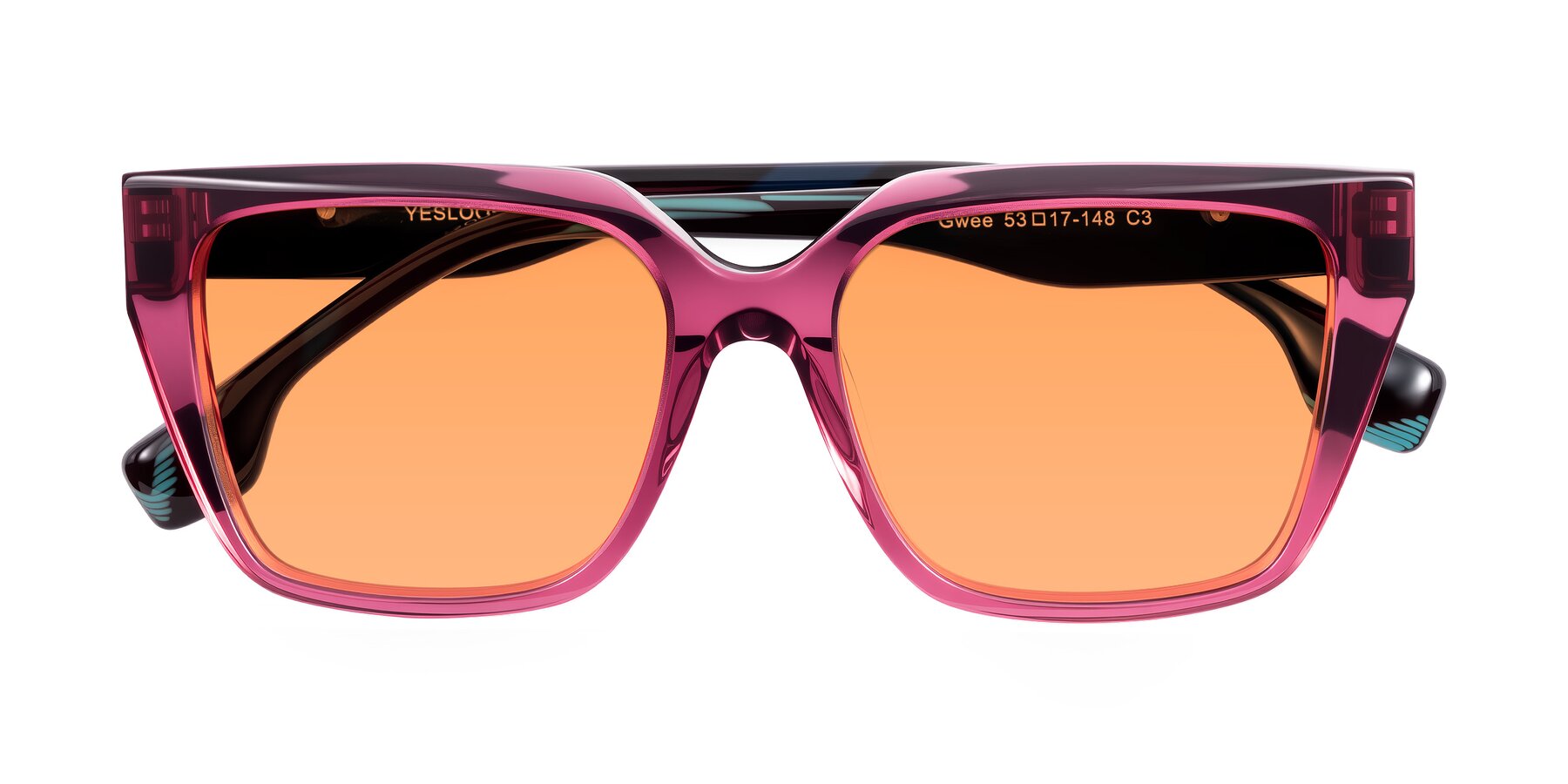 Folded Front of Gwee in Amethyst /Light Blue Striped with Medium Orange Tinted Lenses