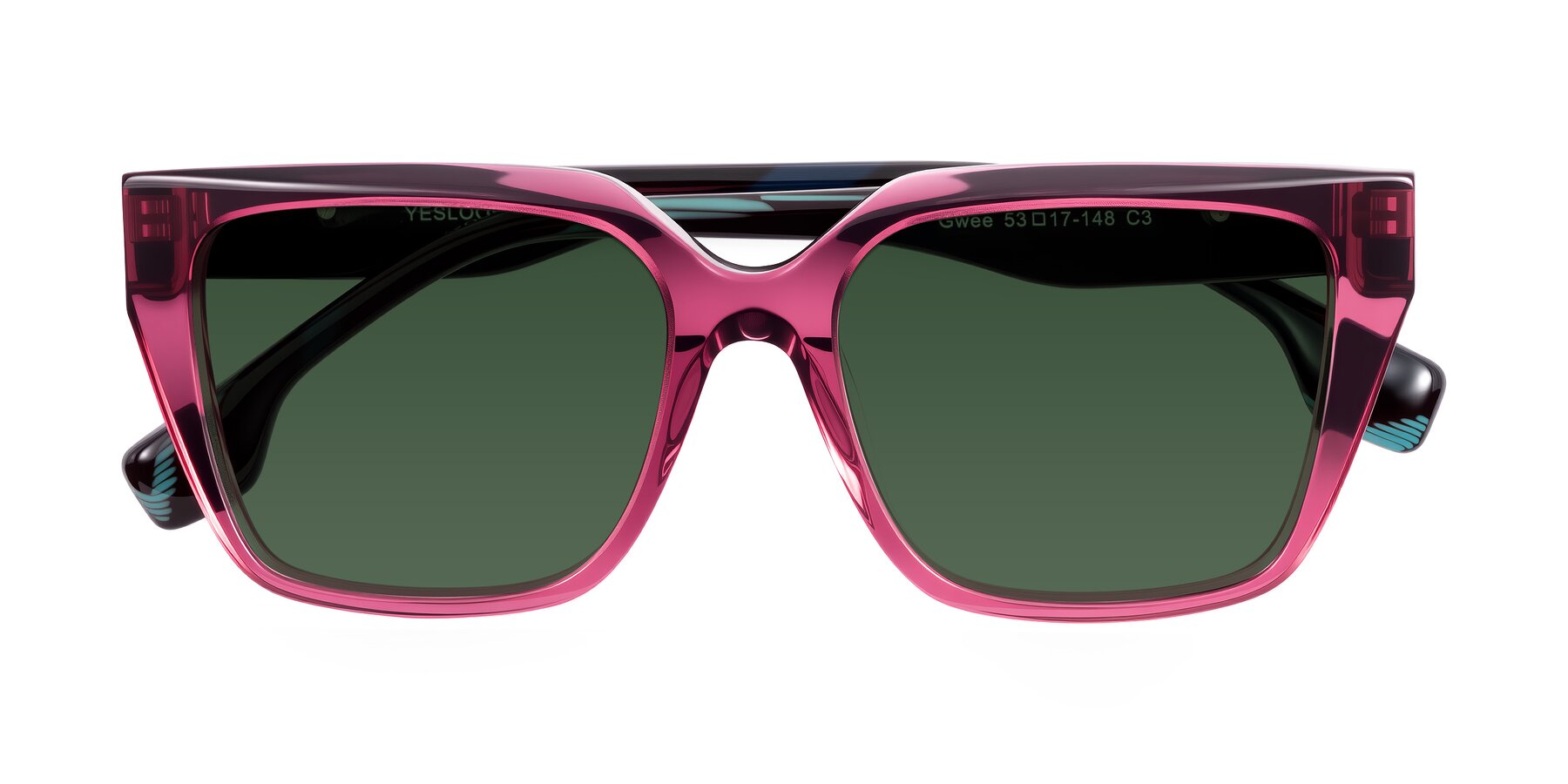 Folded Front of Gwee in Amethyst /Light Blue Striped with Green Tinted Lenses