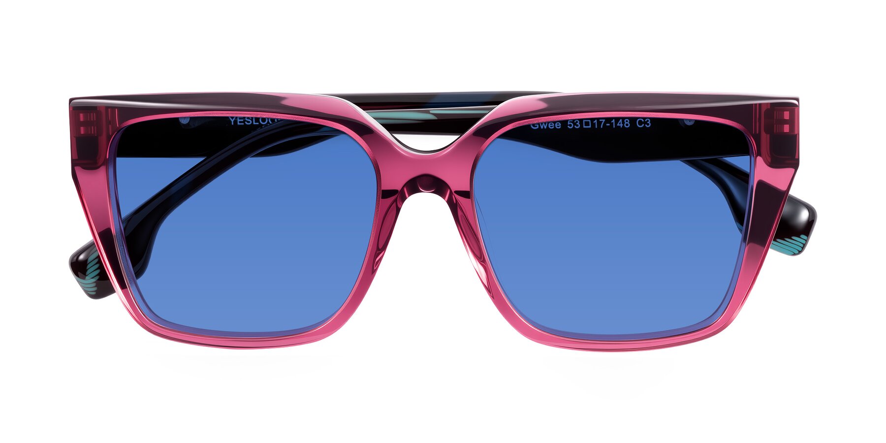 Folded Front of Gwee in Amethyst /Light Blue Striped with Blue Tinted Lenses