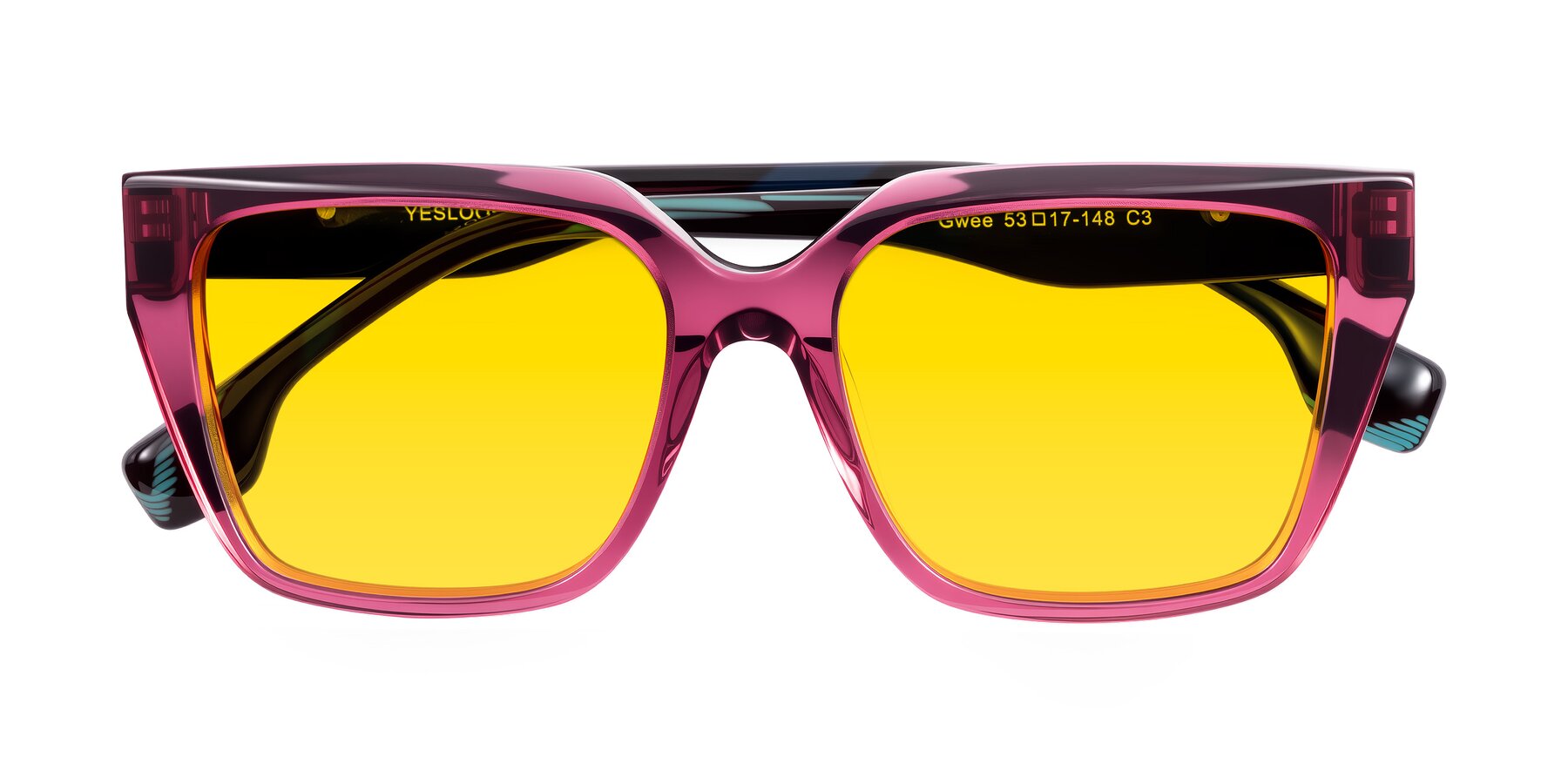 Folded Front of Gwee in Amethyst /Light Blue Striped with Yellow Tinted Lenses