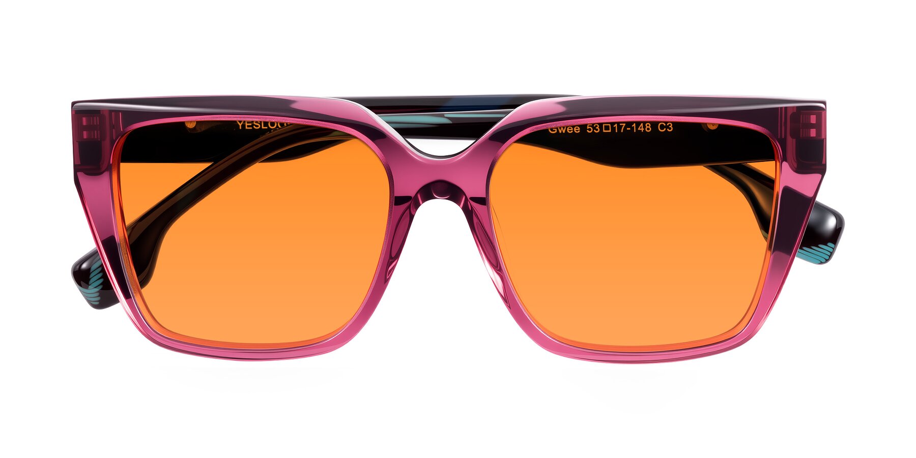 Folded Front of Gwee in Amethyst /Light Blue Striped with Orange Tinted Lenses