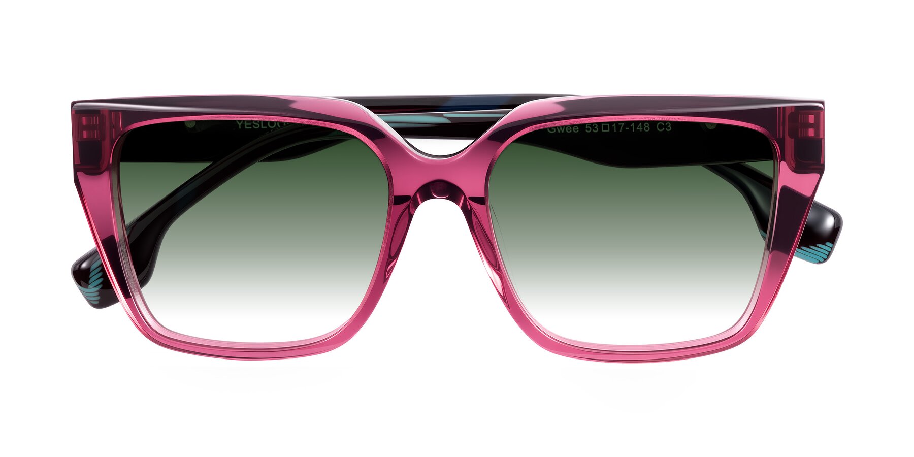 Folded Front of Gwee in Amethyst /Light Blue Striped with Green Gradient Lenses