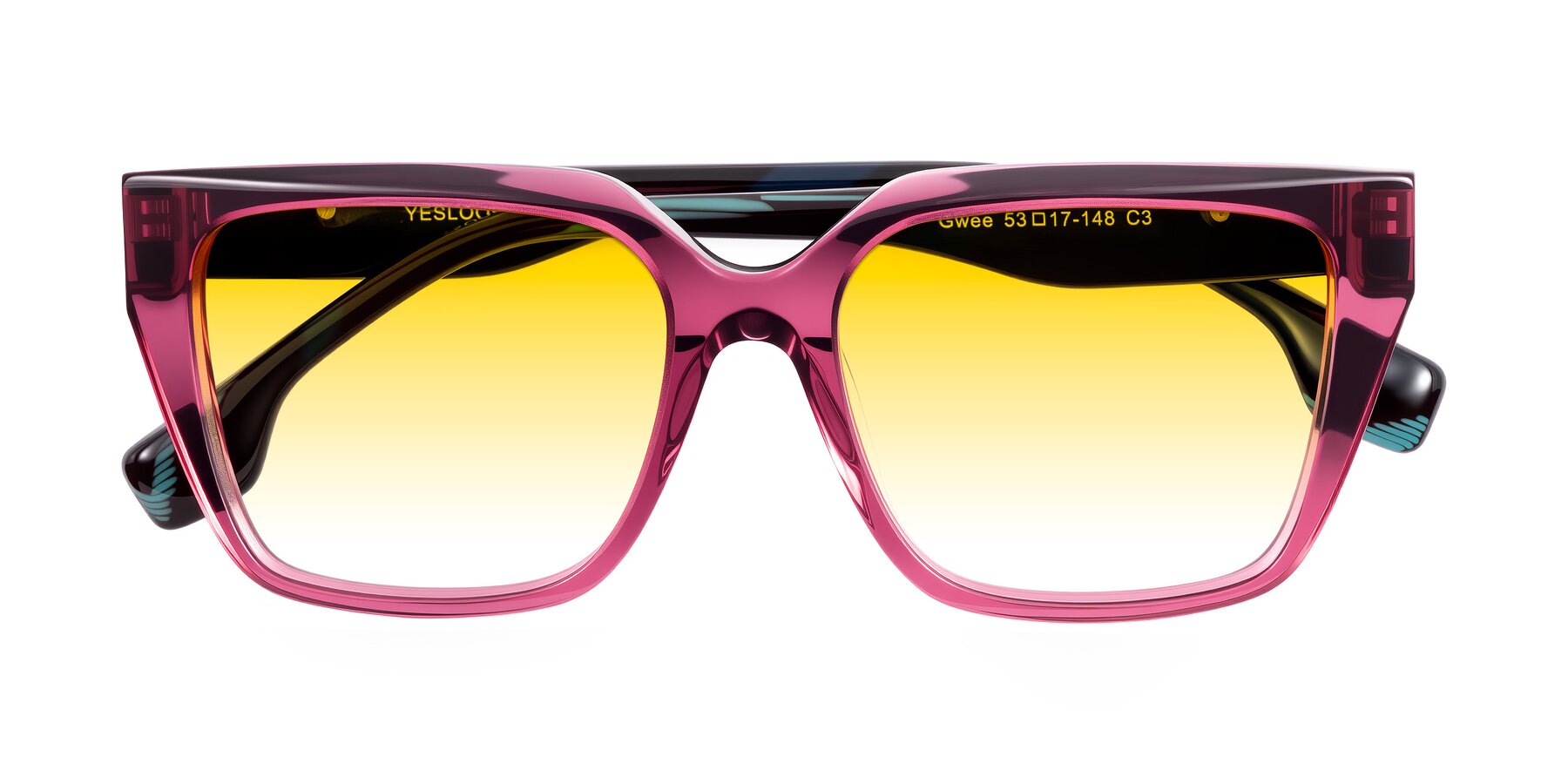 Folded Front of Gwee in Amethyst /Light Blue Striped with Yellow Gradient Lenses