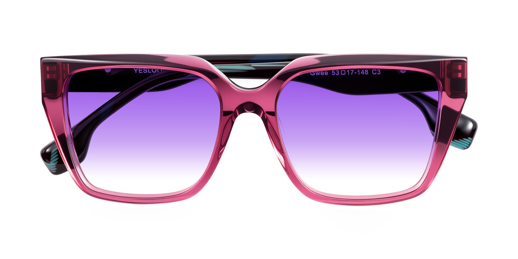 Folded Front of Gwee in Amethyst /Light Blue Striped with Purple Gradient Lenses