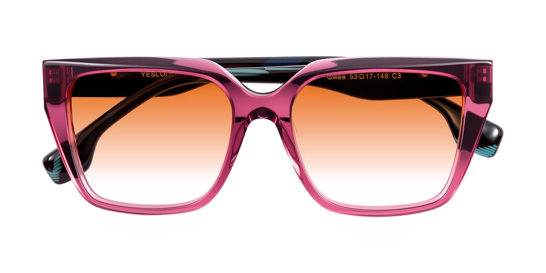 Folded Front of Gwee in Amethyst /Light Blue Striped with Orange Gradient Lenses