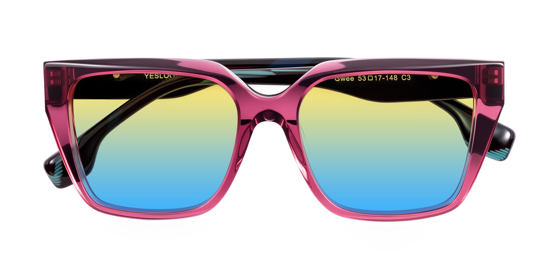 Folded Front of Gwee in Amethyst /Light Blue Striped with Yellow / Blue Gradient Lenses