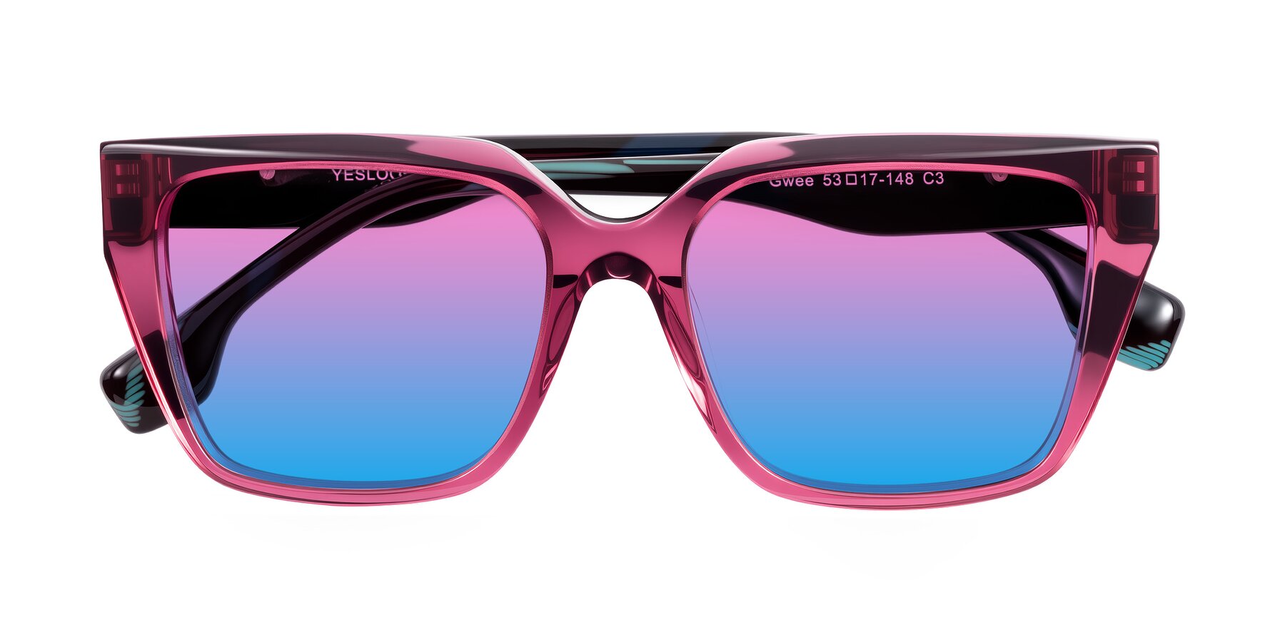 Folded Front of Gwee in Amethyst /Light Blue Striped with Pink / Blue Gradient Lenses