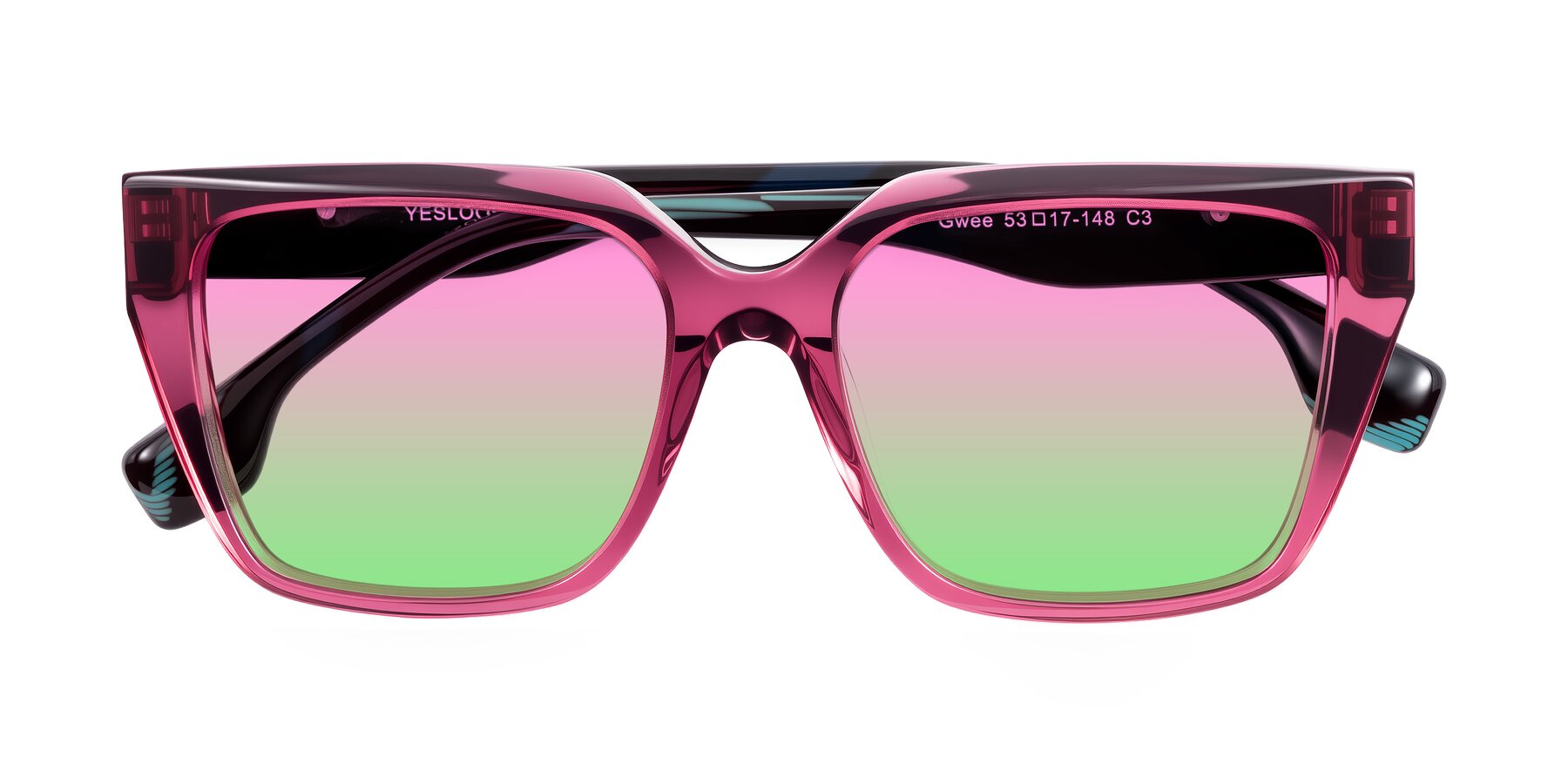 Folded Front of Gwee in Amethyst /Light Blue Striped with Pink / Green Gradient Lenses