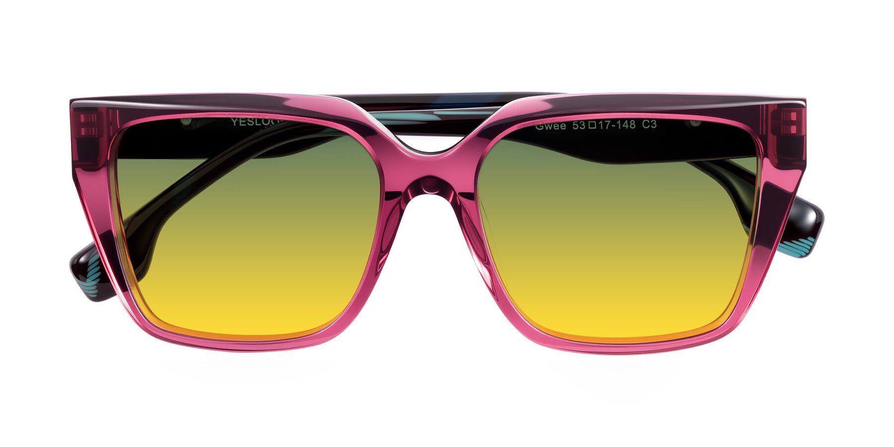 Folded Front of Gwee in Amethyst /Light Blue Striped with Green / Yellow Gradient Lenses