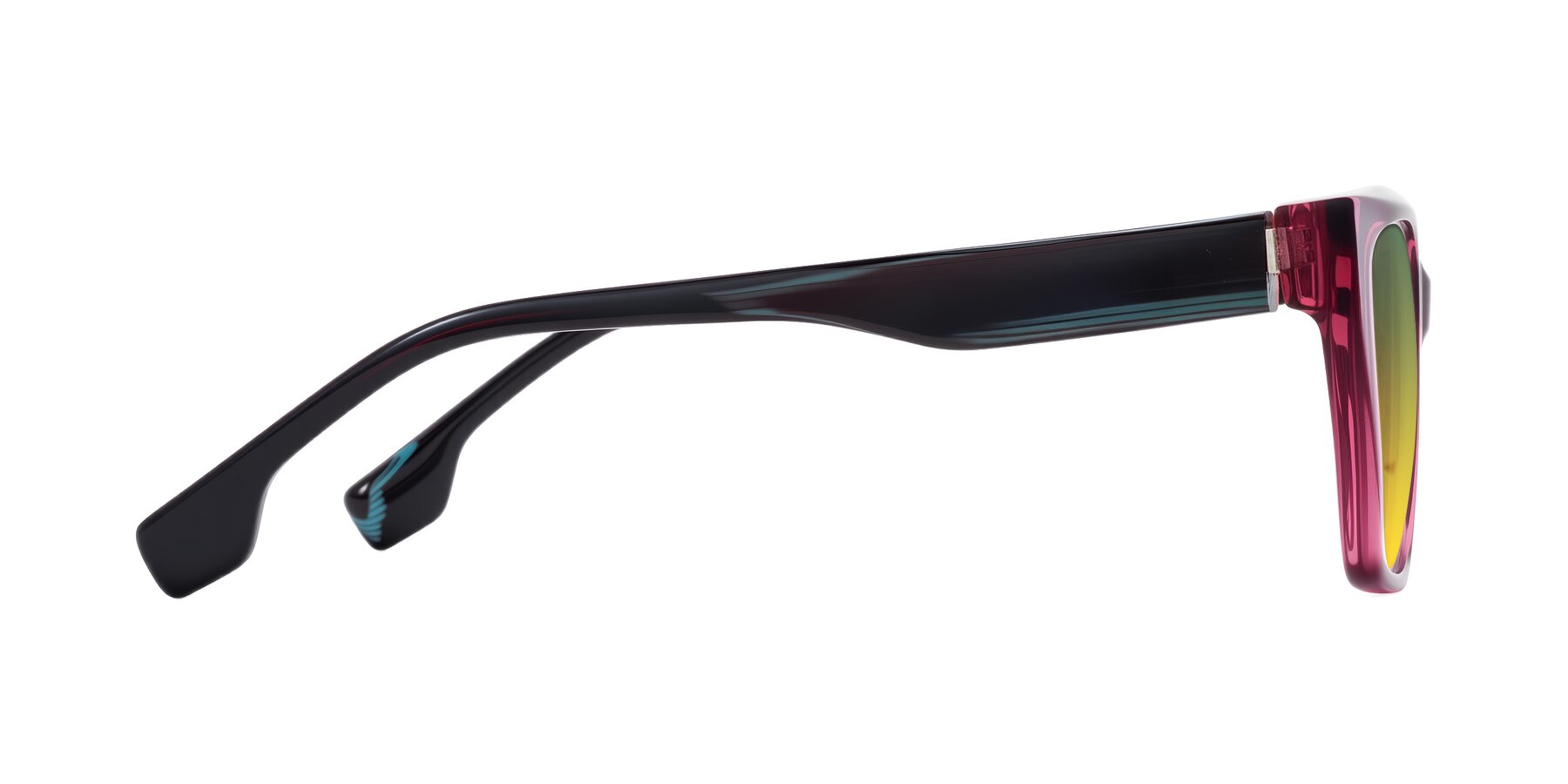 Side of Gwee in Amethyst /Light Blue Striped with Green / Yellow Gradient Lenses