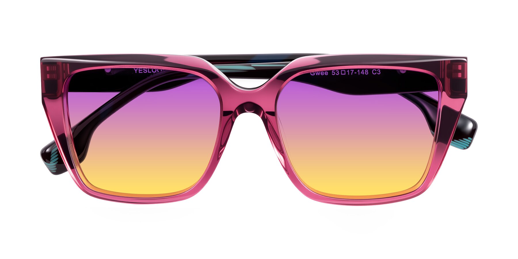 Folded Front of Gwee in Amethyst /Light Blue Striped with Purple / Yellow Gradient Lenses
