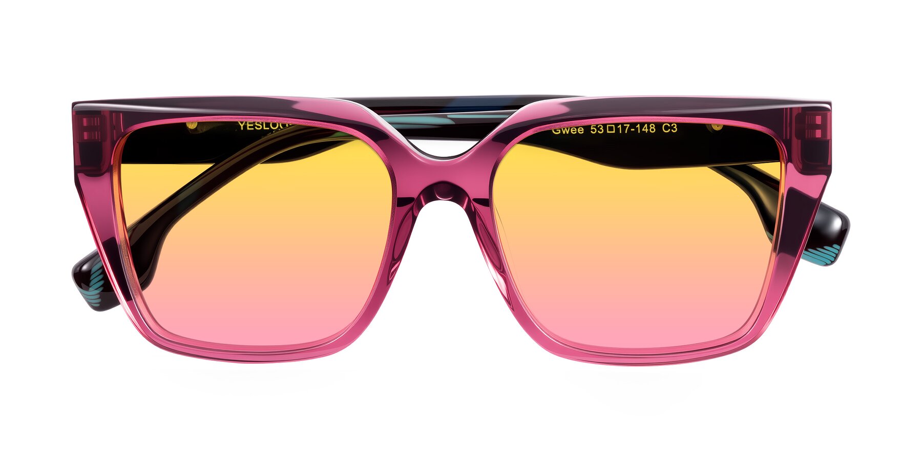 Folded Front of Gwee in Amethyst /Light Blue Striped with Yellow / Pink Gradient Lenses