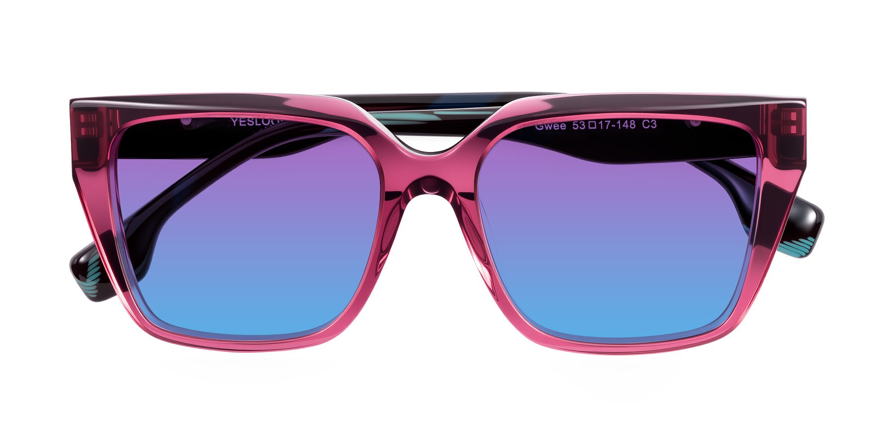 Folded Front of Gwee in Amethyst /Light Blue Striped with Purple / Blue Gradient Lenses