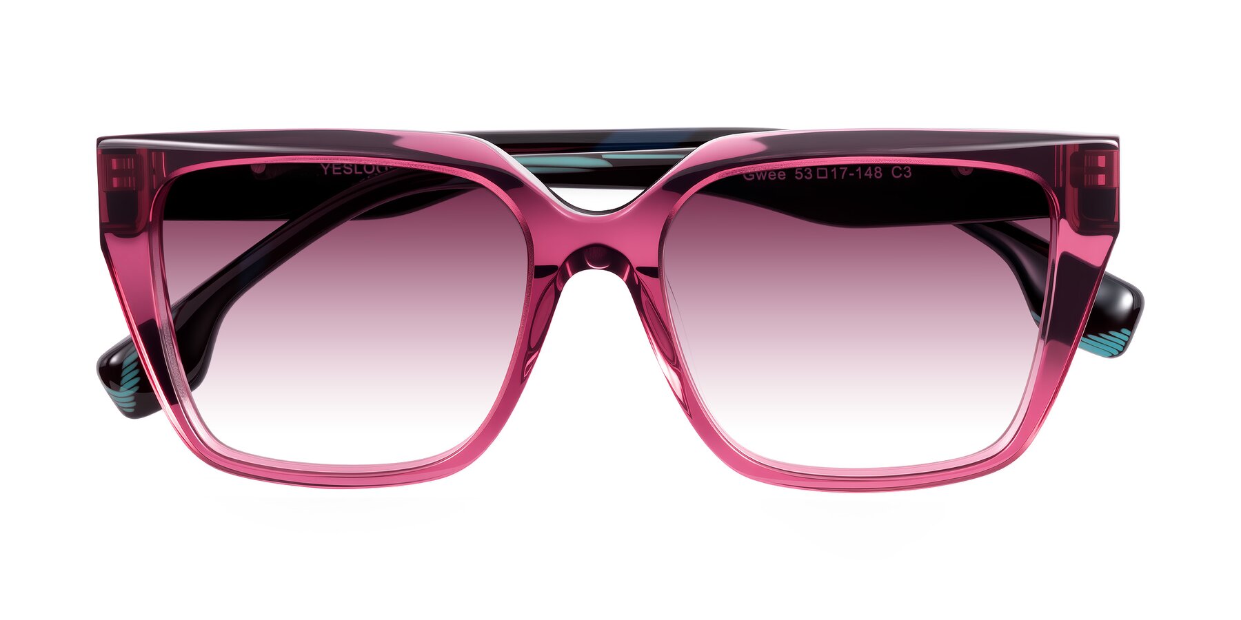 Folded Front of Gwee in Amethyst /Light Blue Striped with Wine Gradient Lenses