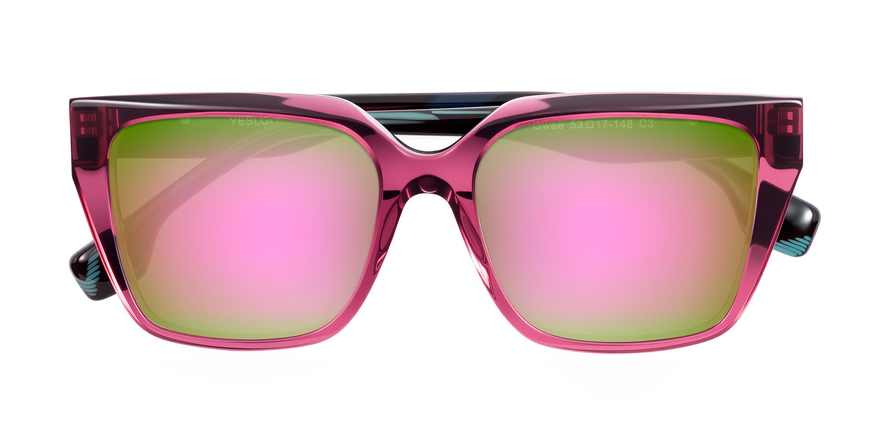 Folded Front of Gwee in Amethyst /Light Blue Striped with Pink Mirrored Lenses