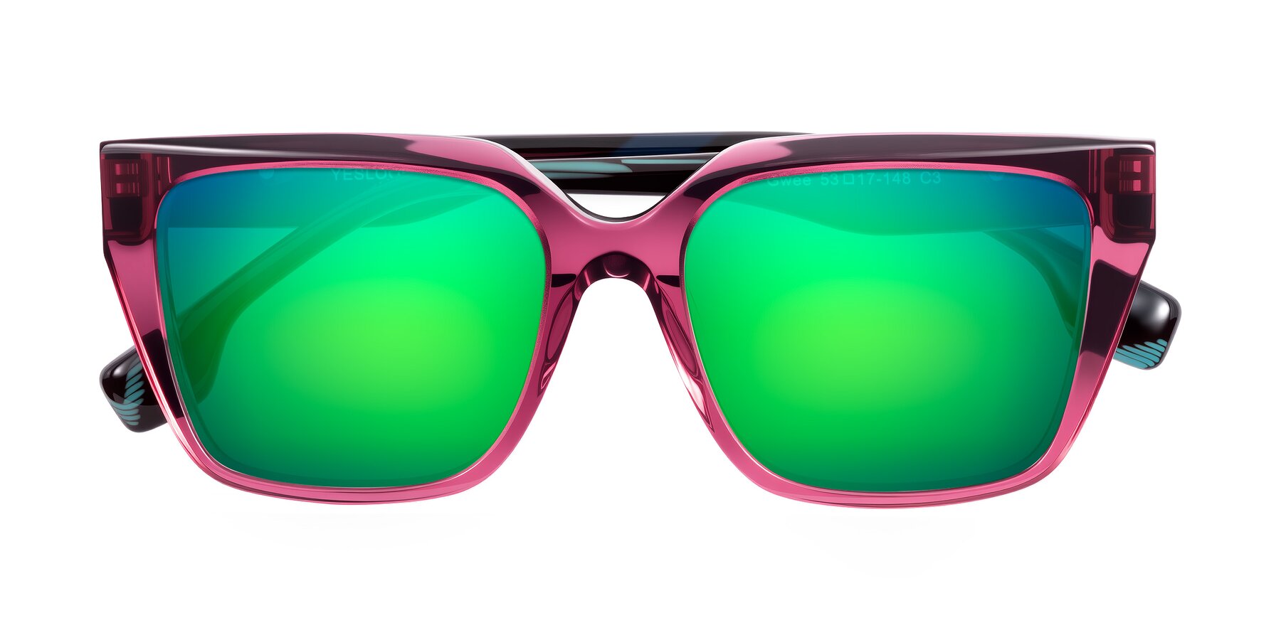 Folded Front of Gwee in Amethyst /Light Blue Striped with Green Mirrored Lenses