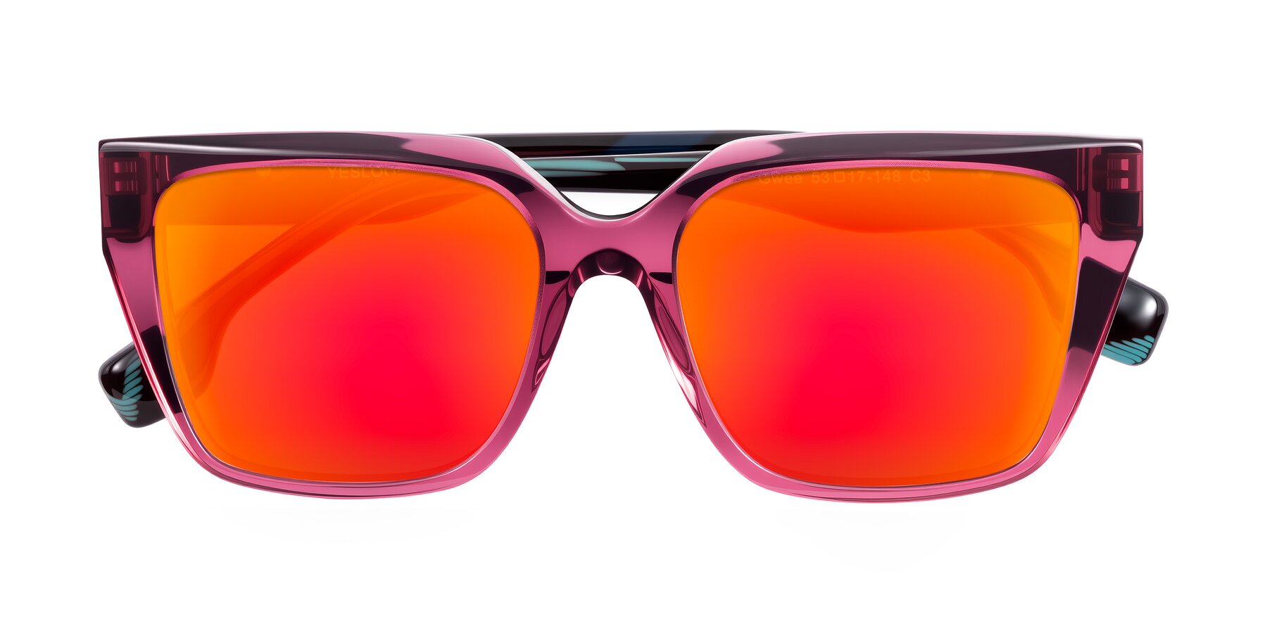 Folded Front of Gwee in Amethyst /Light Blue Striped with Red Gold Mirrored Lenses