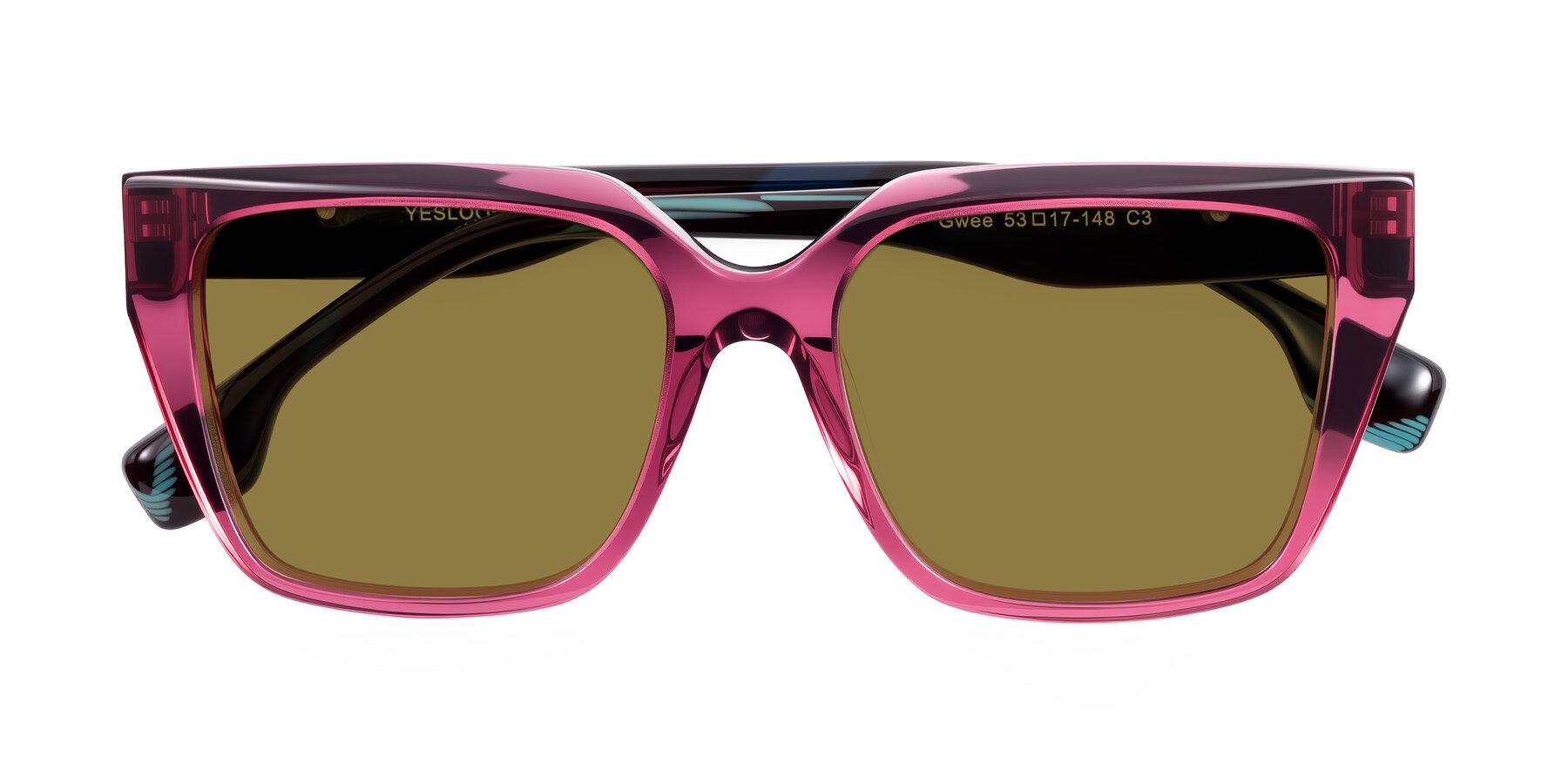 Folded Front of Gwee in Amethyst /Light Blue Striped with Brown Polarized Lenses